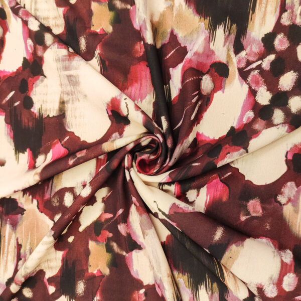 Tessuto Crepe a fantasia motivo astratto melanzana - borgogna - panna