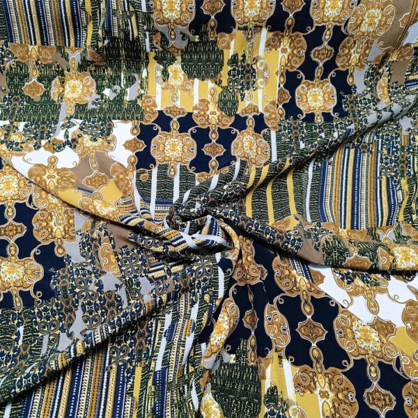 Tessuto Crepe a fantasia motivo astratto blu - tortora - oro - bianco