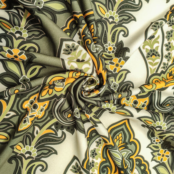 Tessuto Crepe elasticizzato a fantasia motivo floreale cashmere verde - panna - ocra