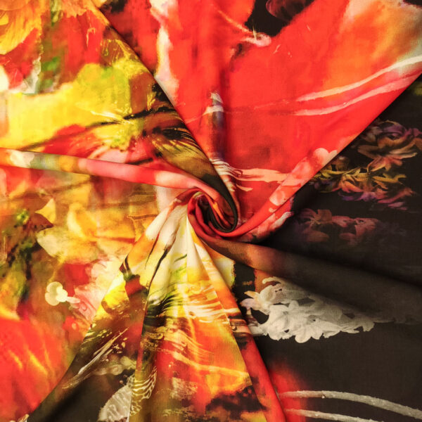 Tessuto Crepe a fantasia motivo floreale nero - verde acido - rosso