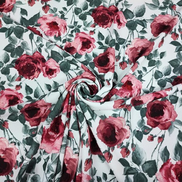 Tessuto Crepe a fantasia motivo floreale rosso - bianco - verde