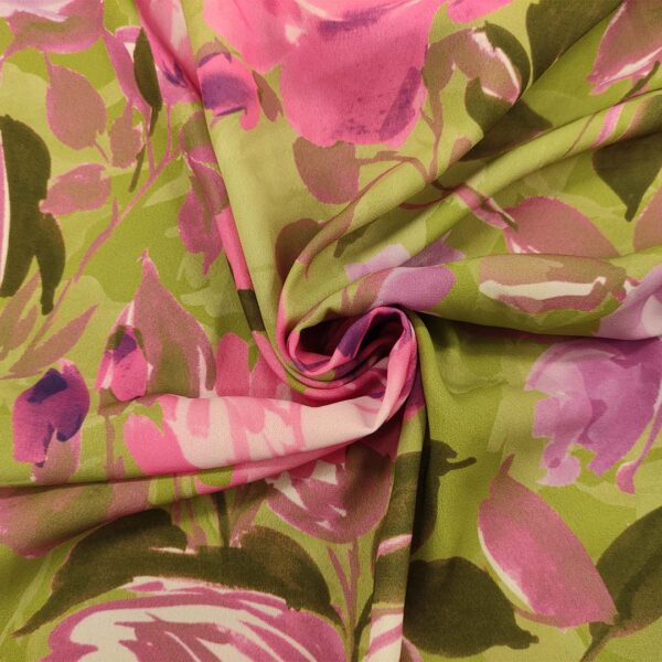 Tessuto Crepe a fantasia motivo floreale verde acido - glicine - rosa