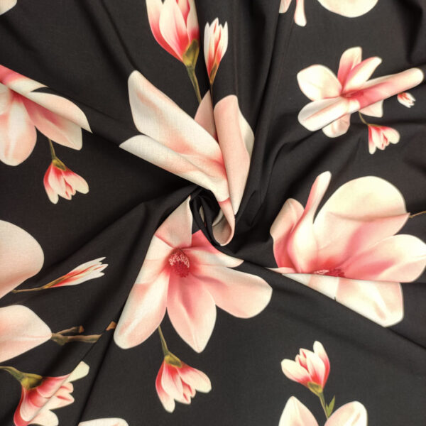 Tessuto Crepe elasticizzato a fantasia motivo floreale nero - rosa - bianco