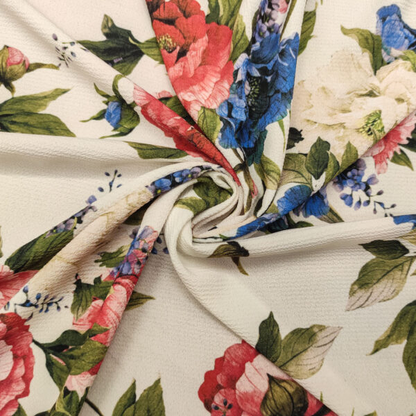 Tessuto Crepe elasticizzato a fantasia motivo floreale bianco - rosso - verde