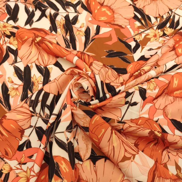 Tessuto Crepe  morbido a fantasia motivo floreale bianco - arancione - pesca - tabacco