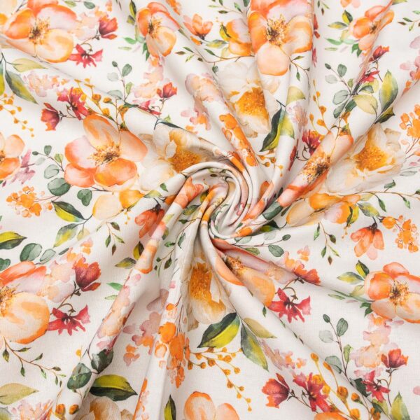 Tessuto Panama di Cotone per arredamento a fantasia motivo floreale bianco - arancione - verde