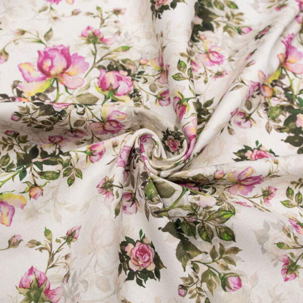 Tessuto Panama di Cotone per arredamento a fantasia motivo floreale bianco - fucsia - verde