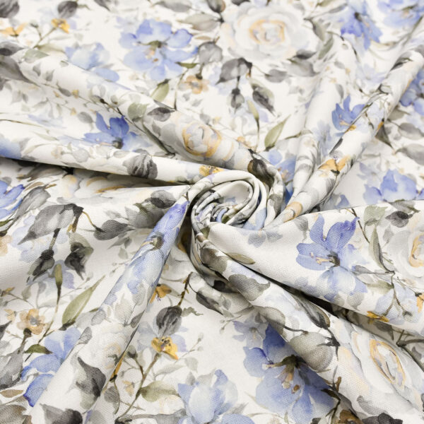 Tessuto Panama di Cotone per arredamento a fantasia motivo floreale bianco - indaco