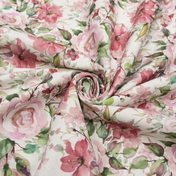 Tessuto Panama di Cotone per arredamento a fantasia motivo floreale bianco - rosa - verde