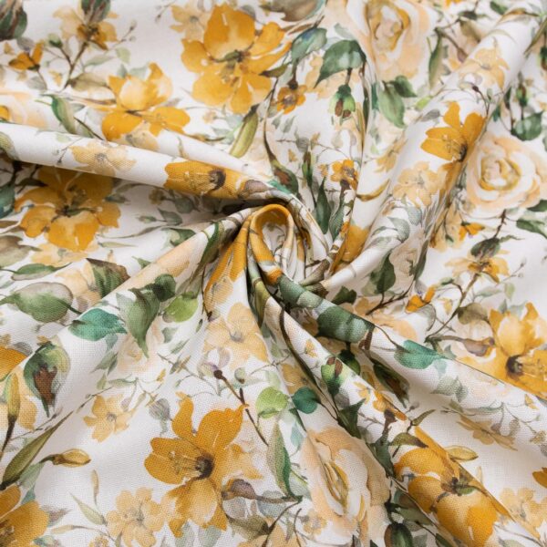Tessuto Panama di Cotone per arredamento a fantasia motivo floreale bianco - senape - verde