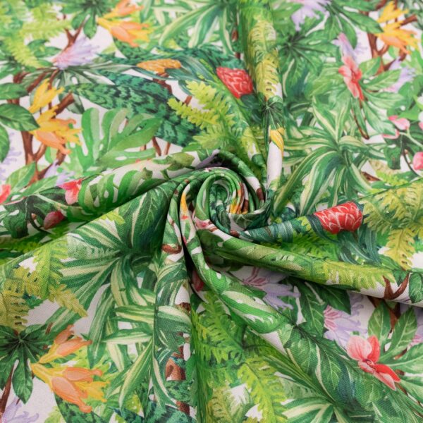 Tessuto Panama di Cotone per arredamento a fantasia motivo floreale bianco - verde - lilla