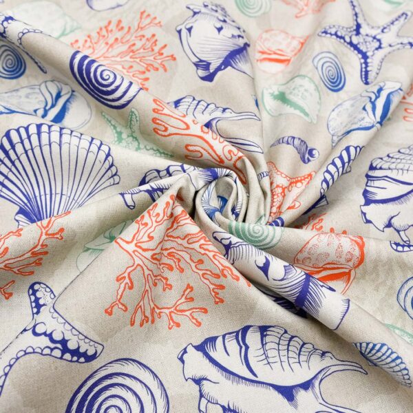 Tessuto Panama di Cotone per arredamento a fantasia motivo marino beige - blu - corallo