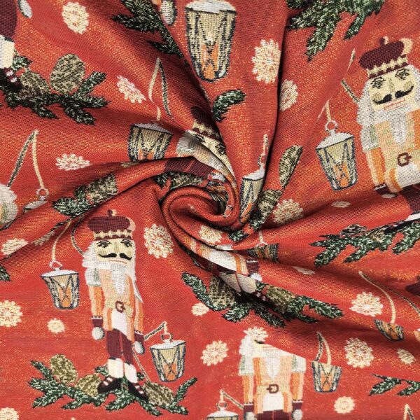 Tessuto per arredo Gobelin natalizio lurex a fantasia con schiaccianoci rosso - oro - verde - beige