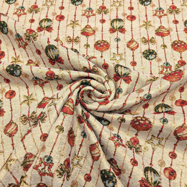 Tessuto per arredo Gobelin natalizio lurex a fantasia con sfere oro - beige - verde - bordeaux