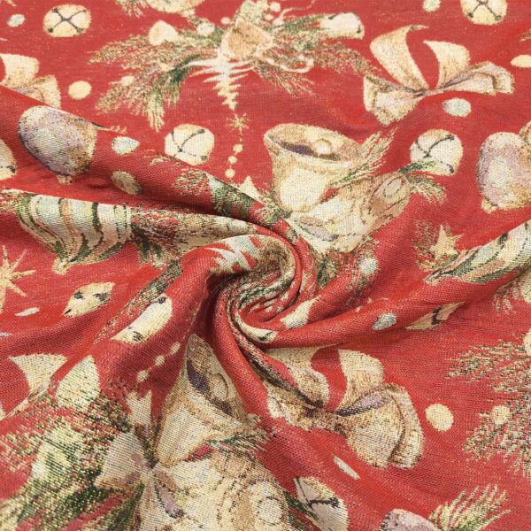 Tessuto per arredo Gobelin natalizio lurex a fantasia con sfere oro - beige - verde - rosso