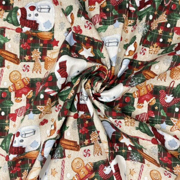 Tessuto Misto Cotone per arredo natalizio a fantasia con pupazzo di neve beige - rosso - verde