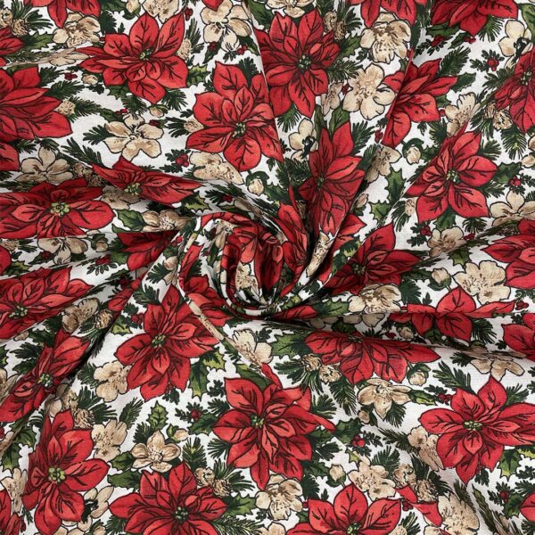 Tessuto Misto Cotone per arredo natalizio a fantasia con stella di natale rosso - verde - bianco - beige