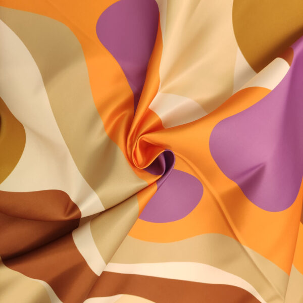 Tessuto Duchesse a fantasia motivo astratto viola - arancione - beige