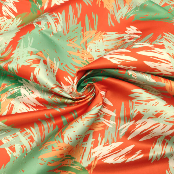 Tessuto Duchesse a fantasia motivo astratto arancione - acquamarina - verde