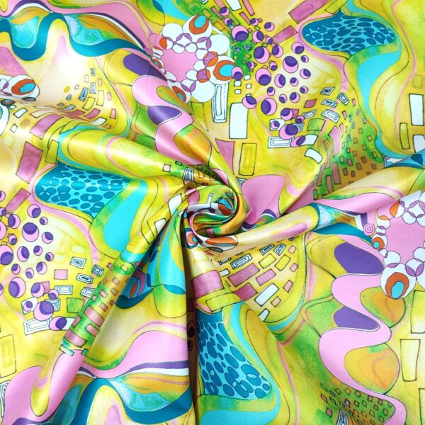 Tessuto Duchesse a fantasia motivo astratto giallo - fucsia - turchese