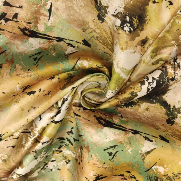 Tessuto Duchesse a fantasia motivo astratto tortora - verde - beige