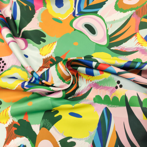 Tessuto Duchesse a fantasia motivo astratto verde - rosa - giallo - blu