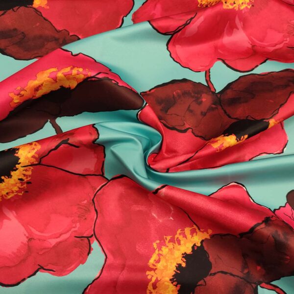 Tessuto Duchesse a fantasia motivo floreale acquamarina - ciliegio