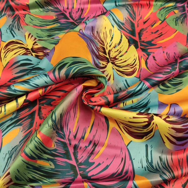 Tessuto Duchesse a fantasia motivo floreale arancione - fucsia - blu