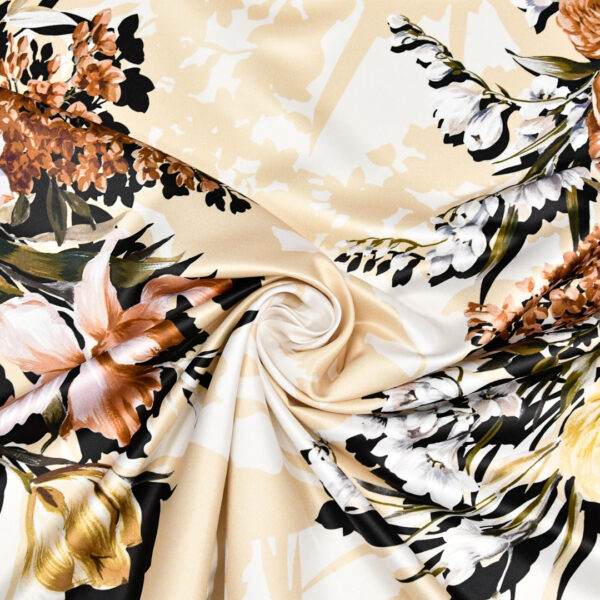 Tessuto Duchesse a fantasia motivo floreale marrone - beige