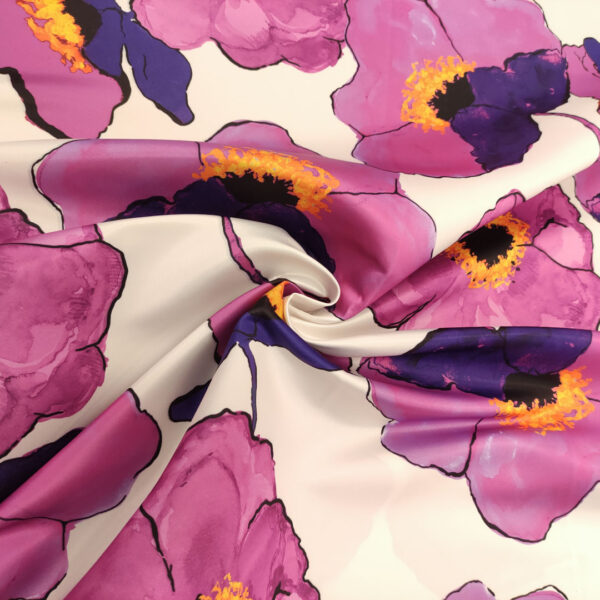 Tessuto Duchesse a fantasia motivo floreale bianco - azalea - viola