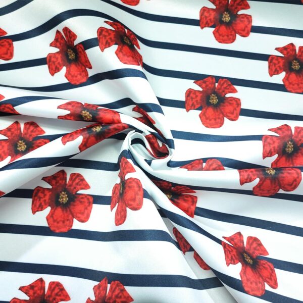 Tessuto Duchesse a fantasia motivo floreale bianco - blu - rosso