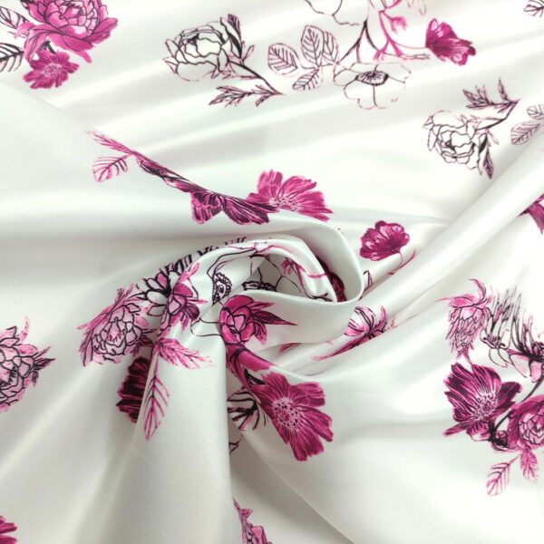 Tessuto Duchesse a fantasia motivo floreale bianco - fucsia