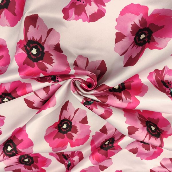 Tessuto Duchesse a fantasia motivo floreale bianco - fucsia