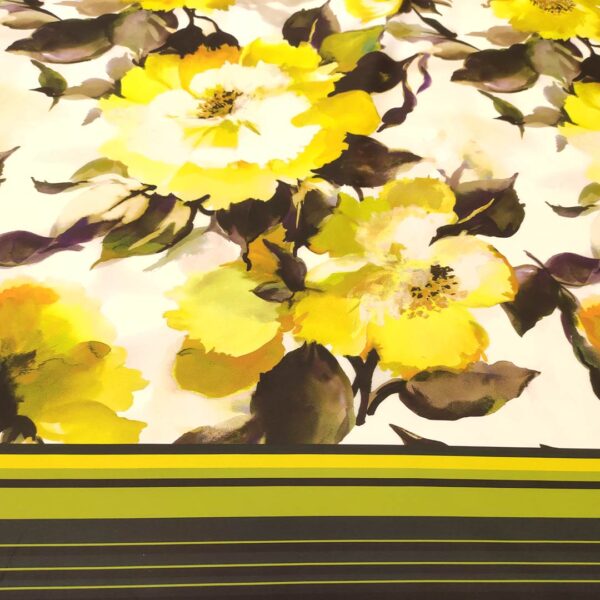 Tessuto Duchesse a fantasia motivo floreale lime - viola - bianco - nero