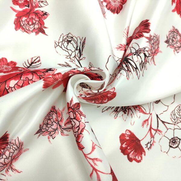 Tessuto Duchesse a fantasia motivo floreale bianco - rosso