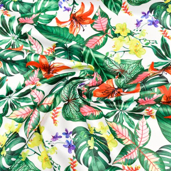 Tessuto Duchesse a fantasia motivo floreale bianco - verde - rosso