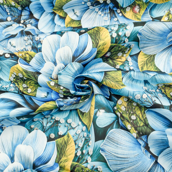 Tessuto Duchesse a fantasia motivo floreale blu - carta da zucchero - verde