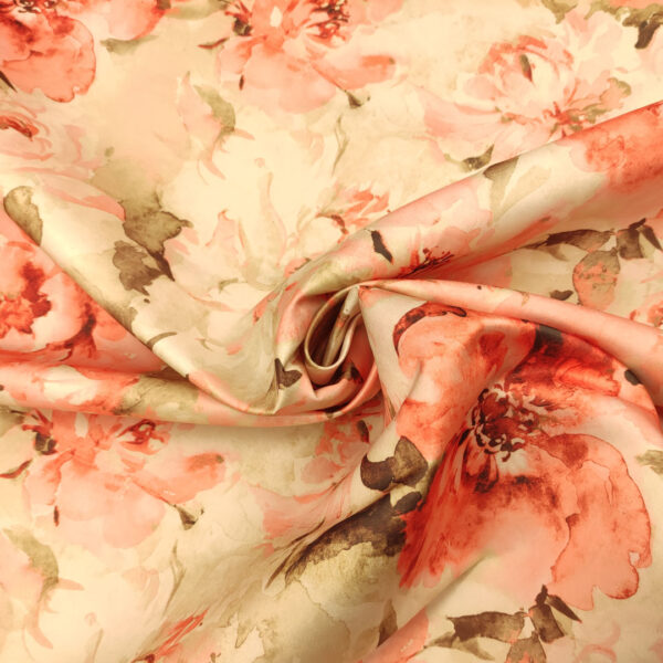 Tessuto Duchesse a fantasia motivo floreale corallo - pesco - beige
