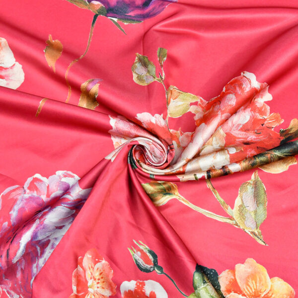 Tessuto Duchesse a fantasia motivo floreale fucsia - verde