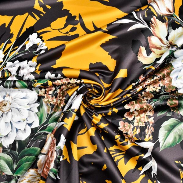 Tessuto Duchesse a fantasia motivo floreale verde - giallo - nero