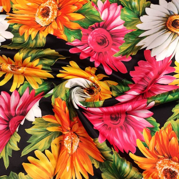 Tessuto Duchesse a fantasia motivo floreale nero - fucsia - arancione