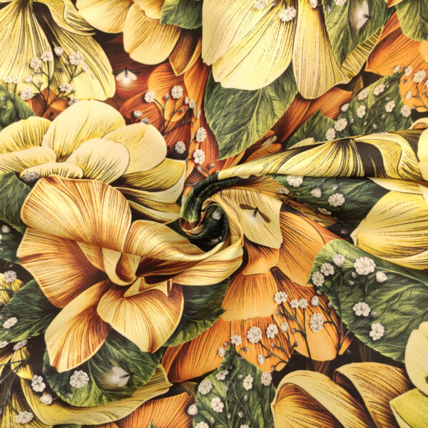 Tessuto Duchesse a fantasia motivo floreale ocra - verde - arancio