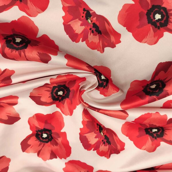 Tessuto Duchesse a fantasia motivo floreale panna - rosso