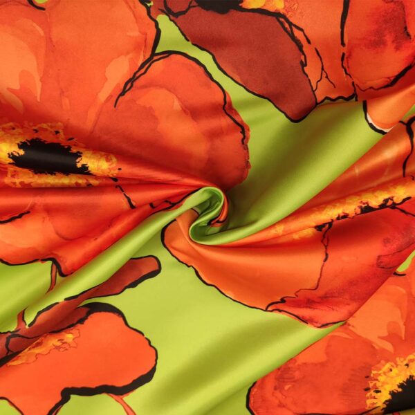 Tessuto Duchesse a fantasia motivo floreale verde fluo - arancione