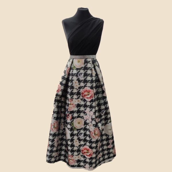 Tessuto Duchesse lurex a fantasia motivo floreale nero - rosa - tortora - giallino