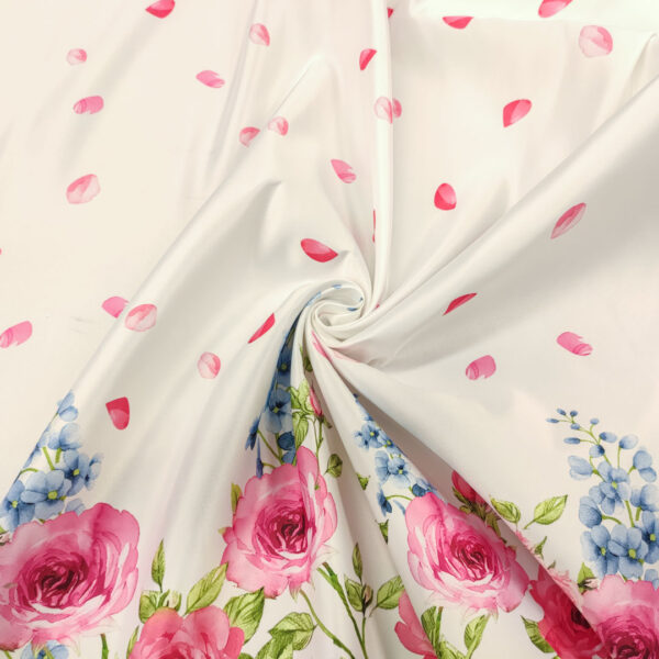 Tessuto Duchesse a fantasia motivo floreale bianco - azzurro - rosa