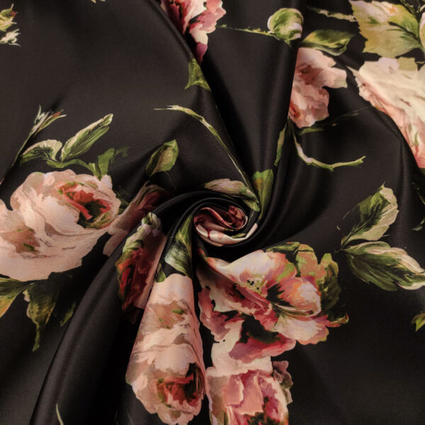 Tessuto Duchesse a fantasia motivo floreale nero - verde - rosa