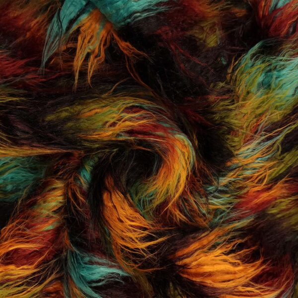 Tessuto Eco Pelliccia a pelo lungo motivo sfumato viola - ocra - turchese - verde acido