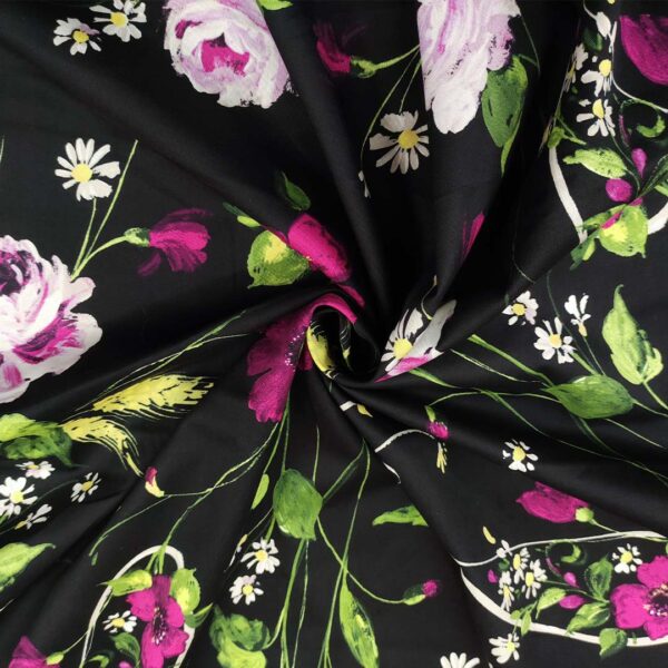 Tessuto Gabardine di Cotone a fantasia motivo floreale nero - ciclamino - verde