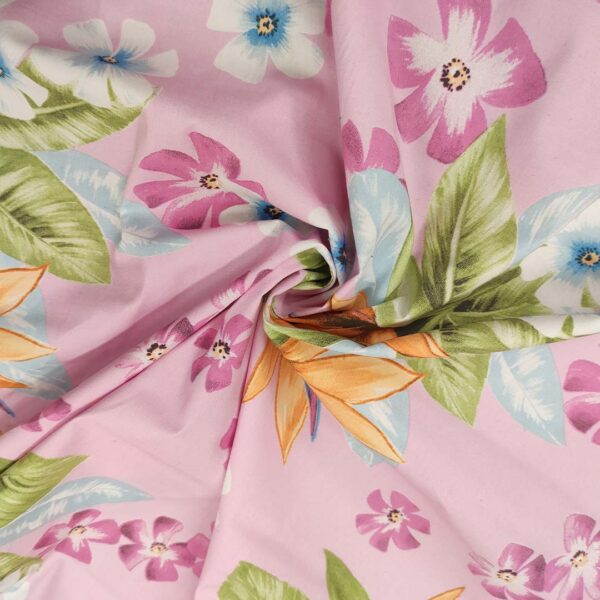 Tessuto Gabardine di Cotone a fantasia motivo floreale rosa - azzurro - verde - arancione